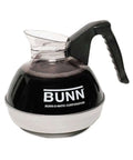Black coffee pot with the Bunn logo and a black handle, part of the Workhorse Pourover Coffee Brewer Model VPR system.