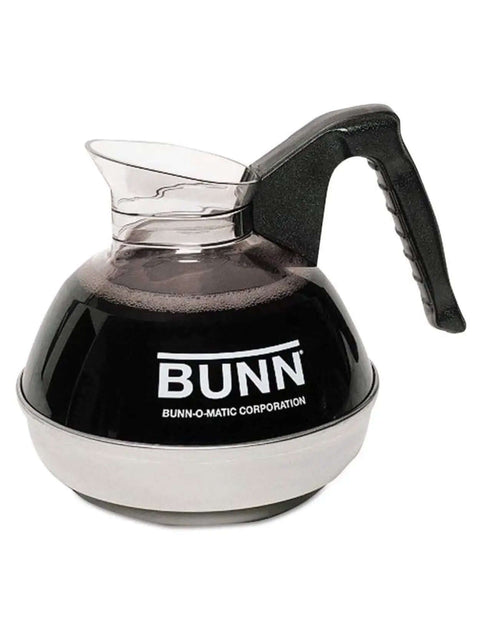 Black coffee pot with the Bunn logo and a black handle, part of the Workhorse Pourover Coffee Brewer Model VPR system.