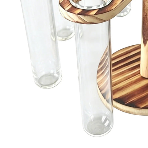 Close-up of Eight Tube Wood Stand Glass Test Tube Planter Set With Hydroponic Water Station For Indoor Garden Desk Decor