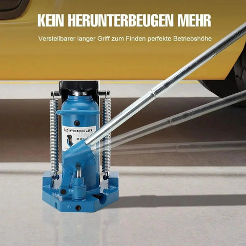 Heavy Duty Hydraulic Toe Jack Lifter, 5 To 10 Ton Capacity with adjustable handle for efficient use in auto shops.