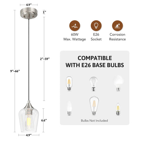 Image of Brushed Nickel Pendant Light For Kitchen Island With Adjustable Height And Clear Glass Shade Modern Hanging