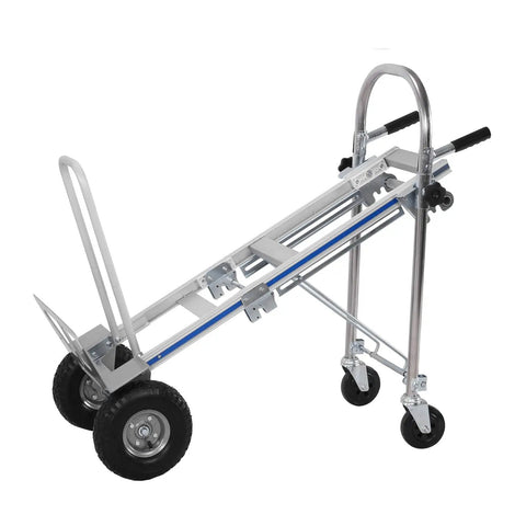 Heavy Duty 2 In 1 Convertible Platform Cart Aluminum Alloy Folding Hand Truck With Stair Climbing Wheels angled view showcasing its durable build.