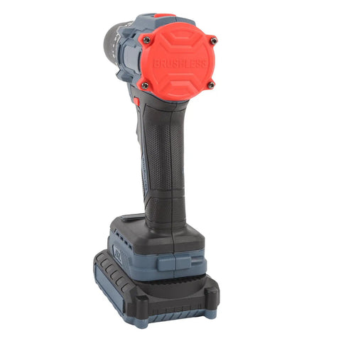 Straight Shooting Cordless Drill Set With Brushless Motor And 25 Sure Fire Torque Settings Running At 1500 Rpm Plus Forward Reverse Gear Switches And Rapid Charge Battery rear view with brushless motor and battery