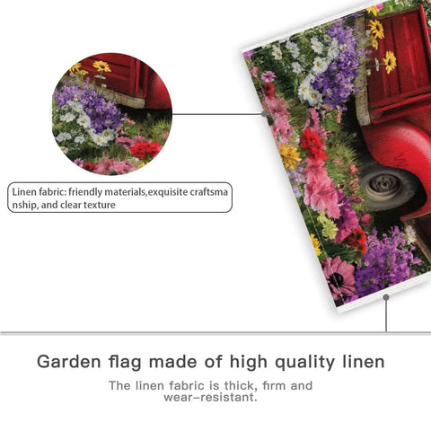 Linen texture and colorful flowers of Welcome Spring Summer Red Truck Garden Flag Double Sided Papillon Flower Puppy Farmhouse Decor