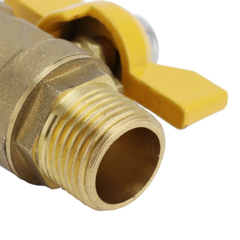 Close-up of Heavy Duty Brass Ball Valve Featuring G1/2 Male Thread for Fuel and Natural Gas Lines Quick Shut Off Plumbing Parts.