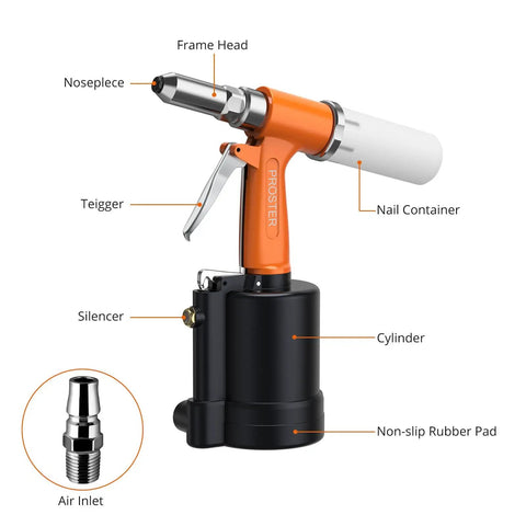 Heavy Duty Pneumatic Rivet Gun Kit With 500 Pop Rivets And Five Swappable Nosepieces Hella Strong close-up of tool components and design.