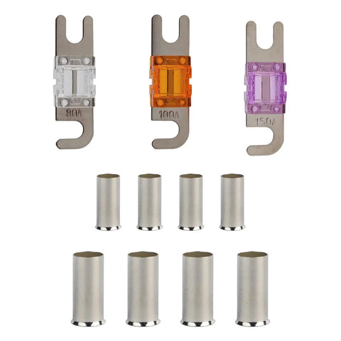 Heavy Duty Four Gauge Awg Marine Grade Inline Mini Anl Fuse Holder Featuring IP65 Sealed Waterproof Housing And Three Badass 80 100 150 Amp Fuses For Your Daily Driver Ride, featuring 80, 100, 150 amp fuses and metal holders.