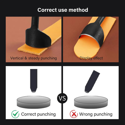 Correct use method for Six Piece Half Round Leather Punch Set For Wallets Belts And Bags Includes 10mm 20mm 30mm 40mm 50mm Hole Sizes Black Carbon Steel Leather Craft Tools Built To Last Heavy Duty Pro Grade Dope Kit showing vertical punching and warning against angled misuse.