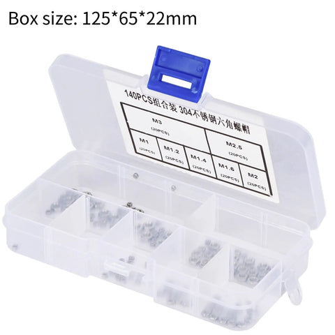 140 Piece Hex Nut Set In 304 Stainless Steel With M1 M1.2 M1.4 M1.6 M2 M2.5 M3 Sizes in compartmented plastic box