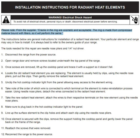 Installation instructions for 8 Inch Radiant Burner Element Replacement For GE Hotpoint RCA Range Top Burner