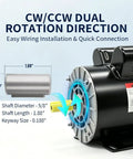 CW/CCW rotation direction of Heavy Duty 2 Horsepower 60 Gallon Air Compressor Electric Motor with shaft details.