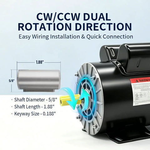 CW/CCW rotation direction of Heavy Duty 2 Horsepower 60 Gallon Air Compressor Electric Motor with shaft details.
