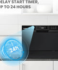 Comfee' countertop dishwasher, black, front view with digital control panel.