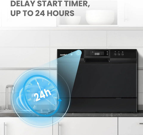Comfee' countertop dishwasher, black, front view with digital control panel.