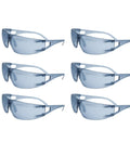 Heavy Duty Safety Glasses With Straight Up UV Block And Blue Cut For Any Desk Grind Or Backyard Hustle Comfortable Grip Design Gray Frames Clear Lenses Six Pack, displayed from a frontal view.