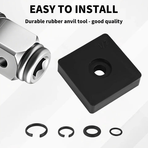 Heavy Duty Pro Grade Impact Retaining Ring Kit With O Rings And Anvil Tool For Electric And Pneumatic Wrenches 41 Piece Set Of Friction Rings In Three Eighths And One Half Inch Sizes Carbon Steel And Rubber Sealing For A Tight Fit.