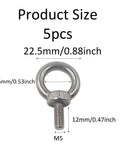 Beefy Five Piece Stainless Steel Eye Bolts Kit With Nuts And Washers For Heavy Duty Lifting And Rigging, Outdoor And Indoor Use, Corrosion Resistant M5 Threads, 1.37 Inch Total Length, 0.9 Inch Ring Outer Diameter, Great For Machinery And Swing, 5pcs 22.5mm