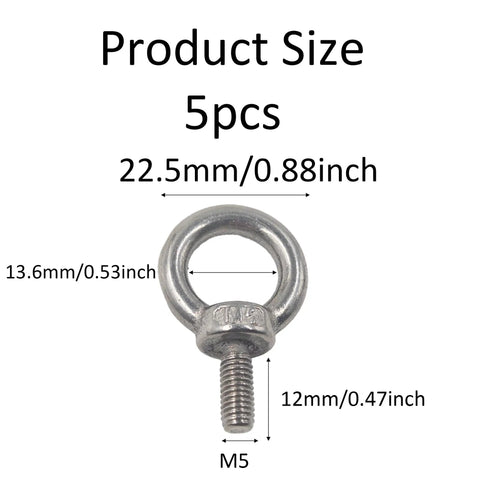 Beefy Five Piece Stainless Steel Eye Bolts Kit With Nuts And Washers For Heavy Duty Lifting And Rigging, Outdoor And Indoor Use, Corrosion Resistant M5 Threads, 1.37 Inch Total Length, 0.9 Inch Ring Outer Diameter, Great For Machinery And Swing, 5pcs 22.5mm