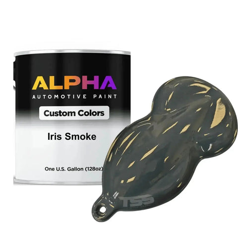 Pro Shop Smoke Paint Basecoat Gallon 128oz Direct From The Can Ready To Spray Formula With Medium Reducer beside Iris Smoke color sample.