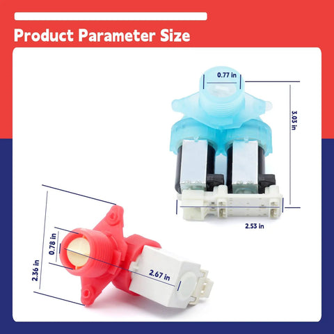 Solid Washer Cold And Hot Water Inlet Valve Set No Sweat Drop In Fit For Whirlpool Appliances Replaces W11688994 W11688995 dimensions displayed