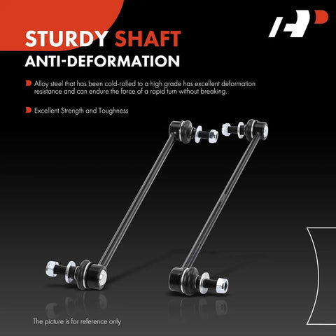 Two Front Sway Bar Link Kit Fits Toyota Lexus Scion Vehicles Including RAV4 Corolla iM Prius Plug In Mirai CT200h HS250h NX300 tC xB iM Beef Up Your Ride With Smoother Handling showing sturdy anti-deformation shaft on black background.