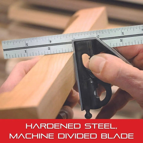 Steel 6 Inch Combo Square With Square Head Cast Iron Bodies Hardened Ruler in use for measuring wooden beam.