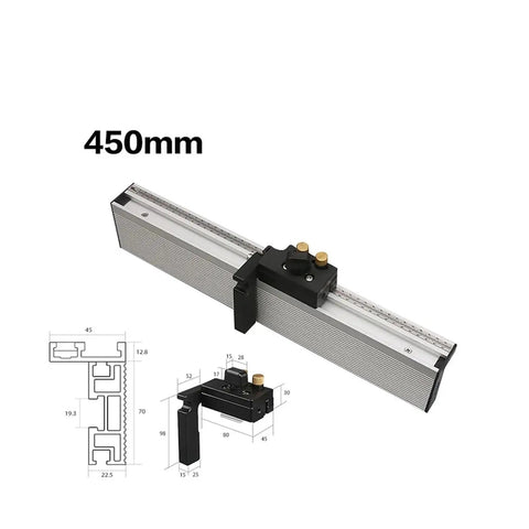 Knockout Precision Aluminum Router Fence With Quick Grip Flip Stop And Pro Miter Gauge Angle Measuring Ruler For Straight Shot Woodworking 450 To 800 Millimeters left side view showing 450mm length.