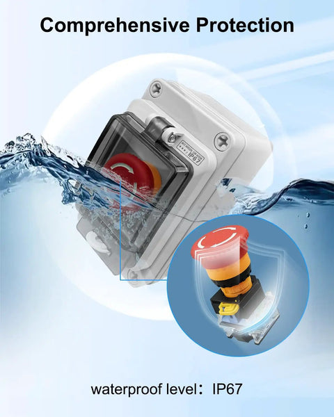 Built Tough Heavy Duty Emergency Stop Button With Waterproof Enclosure For Outdoor Use, IP67 protection shown with flowing water