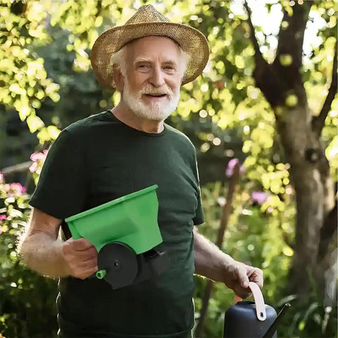 Man in garden holding Handheld Fertilizer Spreader For Lawns And Gardens, 3L Capacity, Adjustable Broadcast Spreader