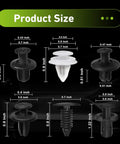 Universal 100 Piece Car Bumper Retainer Clip Kit with 6 size plastic rivets shown in black and white with measurements.