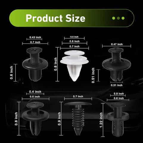 Universal 100 Piece Car Bumper Retainer Clip Kit with 6 size plastic rivets shown in black and white with measurements.