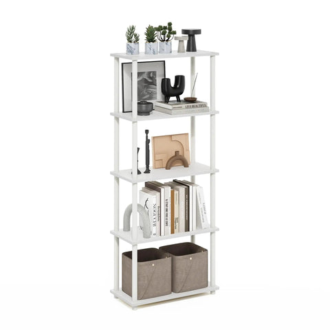 Turn N Tube Toolless 5 Tier Open Storage Shelf No Tools Needed Easy Assembly Bookcase For Living Room Home Office Bedroom White Finish Open Back Display For Books Decor And Office Supplies, white 5-tier shelf with books and bins