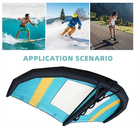 Inflatable Wing Surfing Gear For Windsurfing And Kitesurfing With Window Handheld Surf Wing For Wing Foiling Beginner Friendly Dope Durable Wind Wing For Snow Ski Surfing And Water Adventures All Season shown with surf, ski, and skate applications.