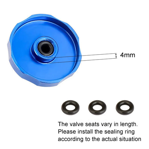 Front Fork Cap Suspension Cover For Mountain Bikes Aluminum Alloy Air Chamber Guard Protects Your Front Fork And Valve Easy Install Durable Shield For Gnarly Trails, showing blue cover and washers.