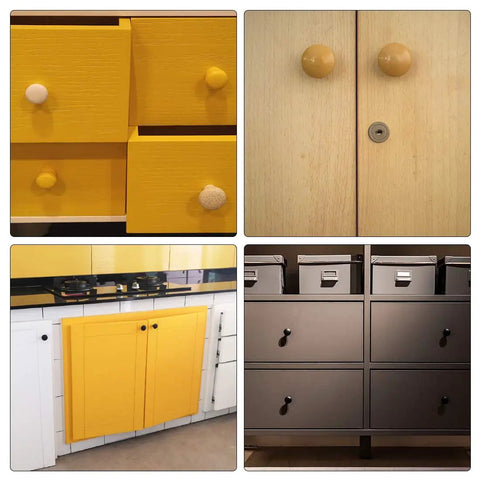Heavy Duty Round Wood Cabinet Knobs 10 Pack With Matching M4 Screws Matte Brown Drawer Pulls For Modern Kitchen Cupboards Quick Install Vintage Dresser Hardware on yellow cabinets.