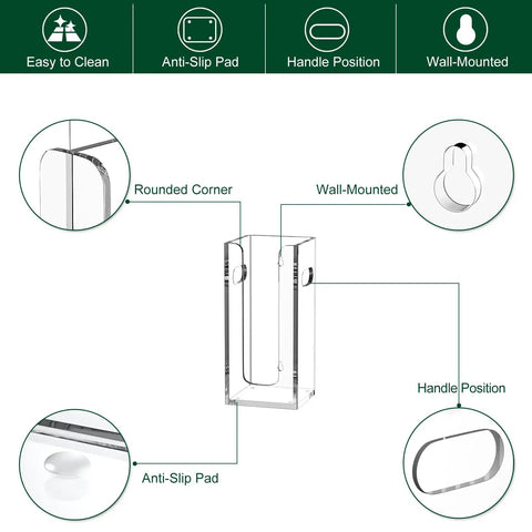 Diagram of disposable coffee cup dispenser with rounded corners, wall mount, handle positions, and anti-slip pads in clear acrylic.