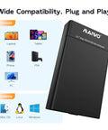 Tool Free Dual Bay External Hard Drive Enclosure For 2.5 Inch SATA SSD HDD With USB 3.0 showing device compatibility with laptops and tablets.