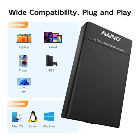 Tool Free Dual Bay External Hard Drive Enclosure For 2.5 Inch SATA SSD HDD With USB 3.0 showing device compatibility with laptops and tablets.
