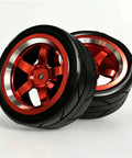 Drift Ready CNC Metal Wheels With 65mm Drift Tires And 12mm Hex Hub For One Tenth Scale RC Cars Upgrade Parts Kit Built To Take Harsh Runs And Tight Corners For Real World Drifting Like A Boss Durable Rubber Tread Smooth Drifts red metal finish