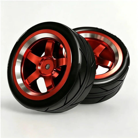 Drift Ready CNC Metal Wheels With 65mm Drift Tires And 12mm Hex Hub For One Tenth Scale RC Cars Upgrade Parts Kit Built To Take Harsh Runs And Tight Corners For Real World Drifting Like A Boss Durable Rubber Tread Smooth Drifts red metal finish