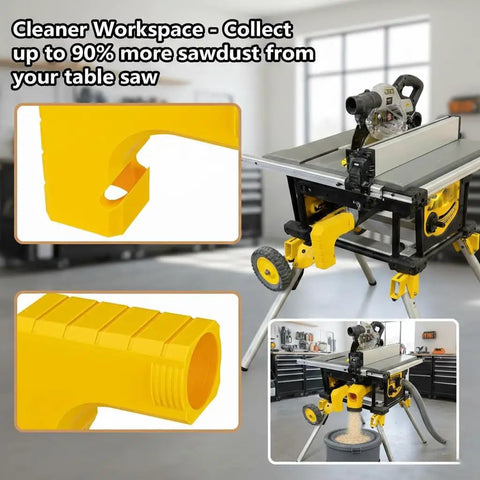 Dust Extraction Adapter For Table Saws 2.5 Inch Inner Diameter Dust Collector Connector shown installed on a table saw
