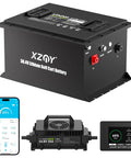 36V Golf Cart Battery With Real Time Bluetooth Monitoring And LCD Display, 4KWh LiFePO4 Pack, 105Ah Capacity shown with charger and LCD