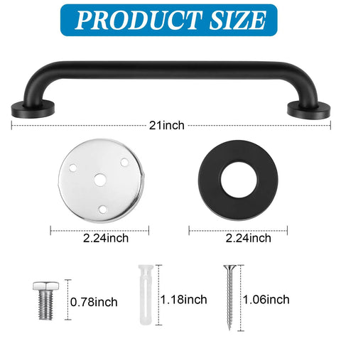 Tough As Nails 4 Pack Bathroom Grab Bars In Satin Black 20 Inch Long showing dimensions and mounting hardware for installation.