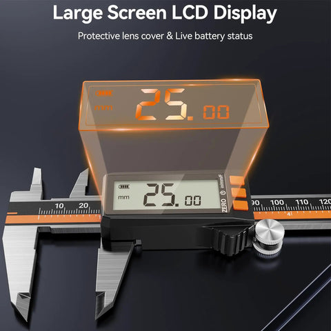 Rechargeable Digital Caliper 6 Inch 150 mm Stainless Steel With IP54 Protection large LCD screen displaying measurement