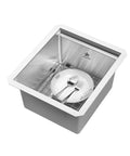 Top view of Dope Workstation Style Undermount Stainless Steel Kitchen Sink With Grid And Cutting Board, Single Bowl, 17x17, includes dish and spoon