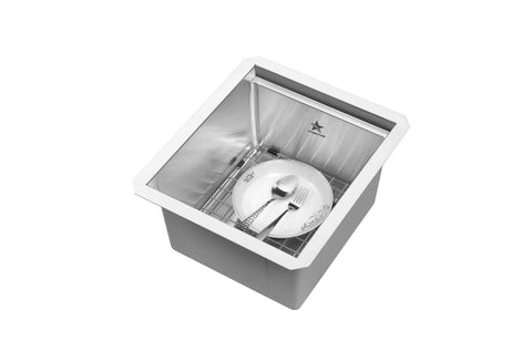 Top view of Dope Workstation Style Undermount Stainless Steel Kitchen Sink With Grid And Cutting Board, Single Bowl, 17x17, includes dish and spoon