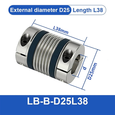 High Elasticity Flexible Shaft Coupling Bellows Motor Joiner For 3D Printer And CNC Machine Build Aluminum Universal Joint LB Series D25, D25mm, L38mm, aluminum construction.
