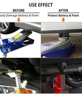 Image showing before and after use of 3 Ton Universal Rubber Jack Pad Adapters Set For Jack Stands, protecting vehicle frame.