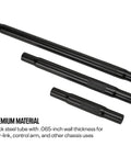 Heavy Duty Swaged Steel Linkage Tube IMCA Approved With Five Eighth Inch Threads Black Coated Adjustable Panhard Tie Rod Fitment showcased in three black tubes.