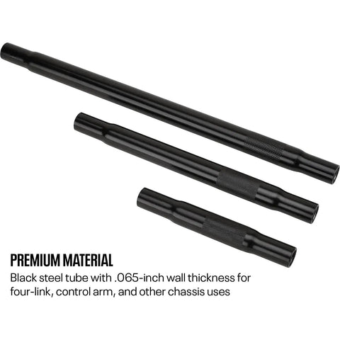 Heavy Duty Swaged Steel Linkage Tube IMCA Approved With Five Eighth Inch Threads Black Coated Adjustable Panhard Tie Rod Fitment showcased in three black tubes.